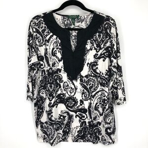 Lauren Ralph Lauren Popover Shirt Womens 1X‎ Black White Paisley Split Neck